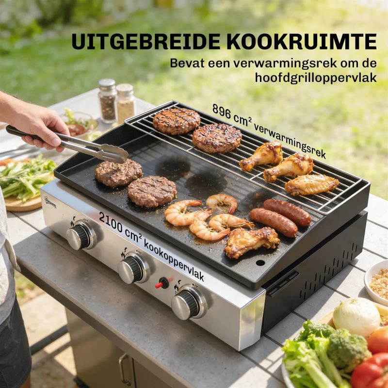 Outsunny Gasbarbecue 7,5 KW Draagbare Tafelbarbecue met 3 Branders Keramische Coating Grillrooster Warmhoudrek