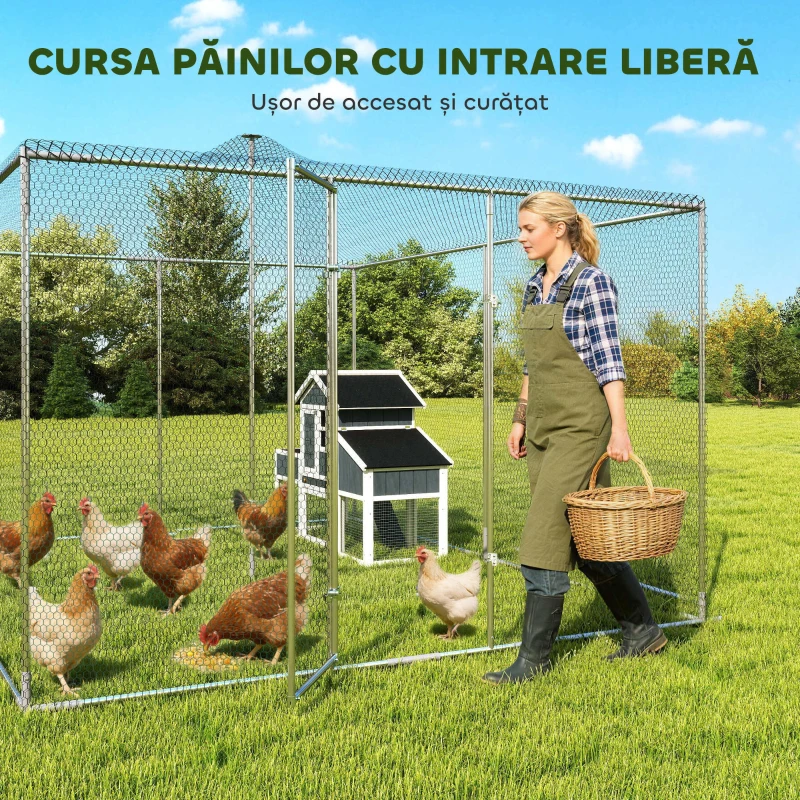 PawHut Coteț pentru găini de exterior cu acoperiș și încuietori, din oțel zincat, 4x3x2 m, argintiu