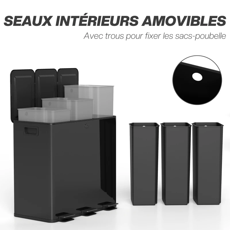 HOMCOM Poubelle de cuisine, poubelle tri sélectif, 3 compartiments de 20L, seaux intérieurs amovibles, 61,9x36,6x56,7cm, noir