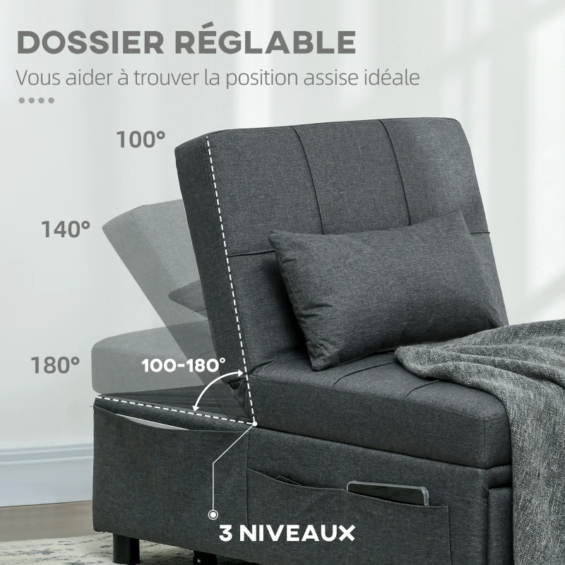 HOMCOM Fauteuil convertible 1 place fauteuil lit avec dossier réglable, siège rembourré et oreiller, gris