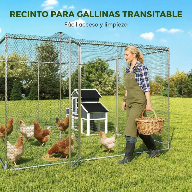PawHut Gallinero para Exterior Grande 4x3x1,97 m 12 m² Gallinero de Acero Galvanizado con Puerta con Doble Cierre Plata