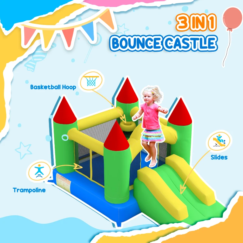 HOMCOM Nylon Inflatable Bouncy Castle, Fire and Water Resistant, Puncture-proof, Multi-Colour