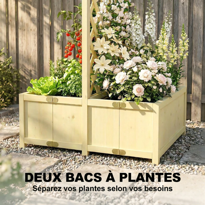 Outsunny Jardinière avec Treillis Carré Potager Bois Pliable Double Bac à Fleurs pour Plantes Grimpantes 73 x 70 x 170 cm Naturel