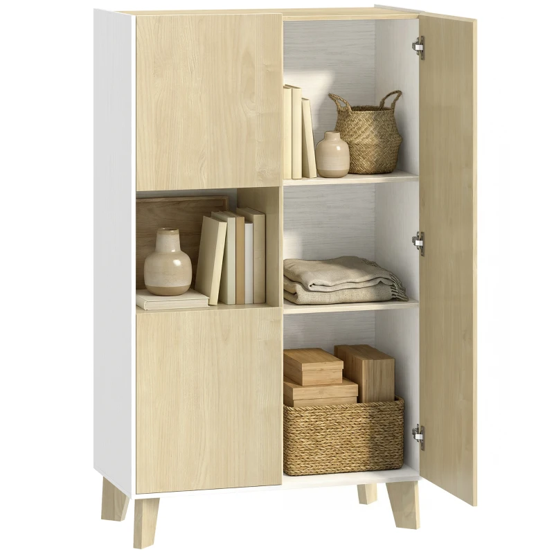 HOMCOM Buffet salon, meuble de rangement à 6 compartiments et portes à fermeture amortie, 80x40x135cm, blanc et bois naturel
