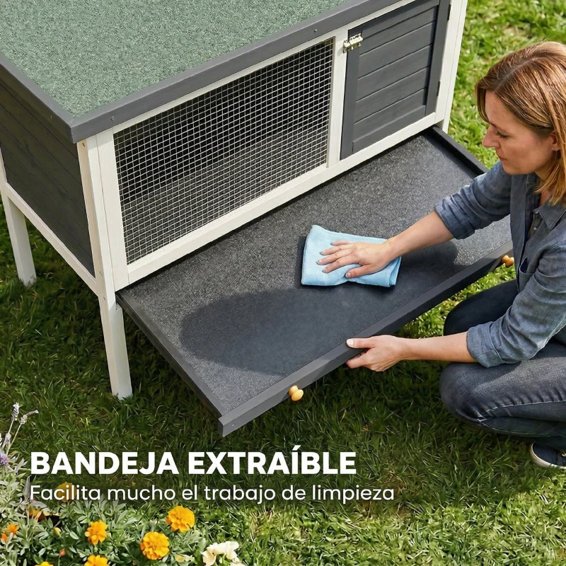 PawHut Conejera de Madera, Jaula para Conejos Medianos con Techo Asfáltico Abatible Bandeja Extraíble Puerta con Pestillo Gris