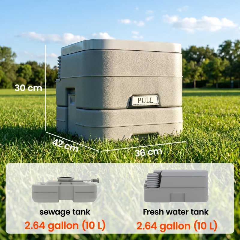 HOMCOM 10L Portable Travel Toilet Outdoor Camping Picnic with 2 Detachable Tanks & Push-button Operation, Grey