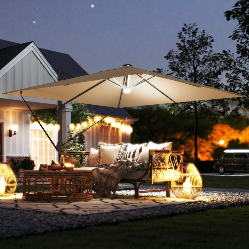 Outsunny 3 x 3 m Garden Cantilever Parasol with Light, Umbrella with Wind Protection, 360° Rotation, Khaki