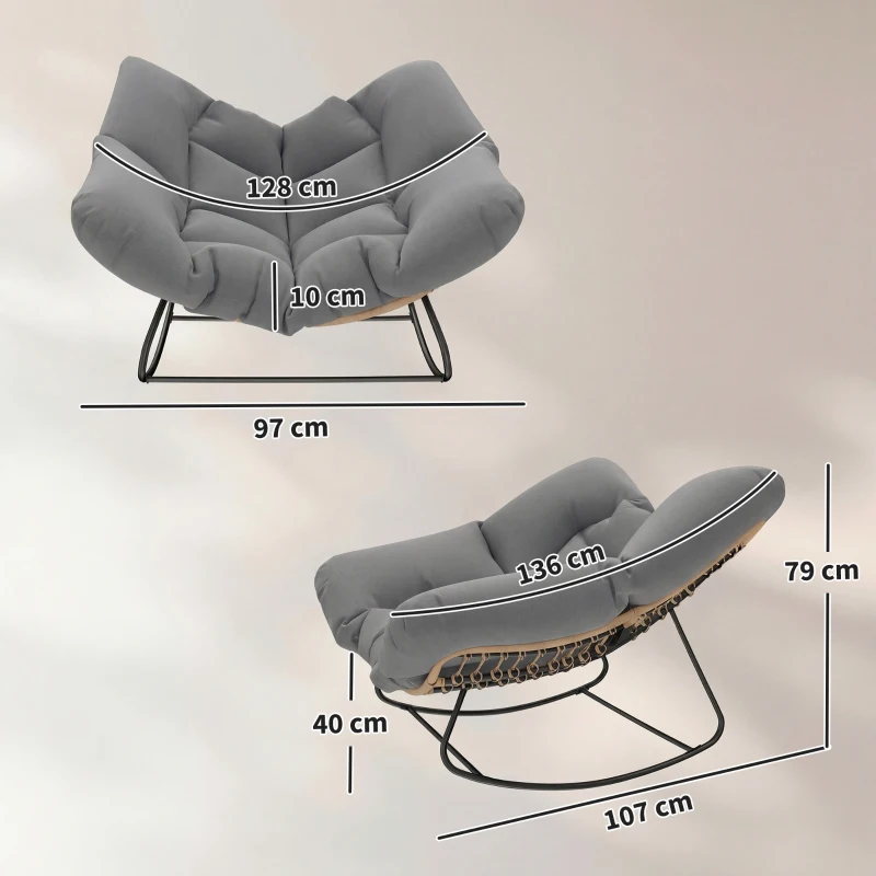 Outsunny Sedia a Dondolo da Interni ed Esterni con Seduta Extra Larga da 60 cm e Cuscino Imbottito, Grigio