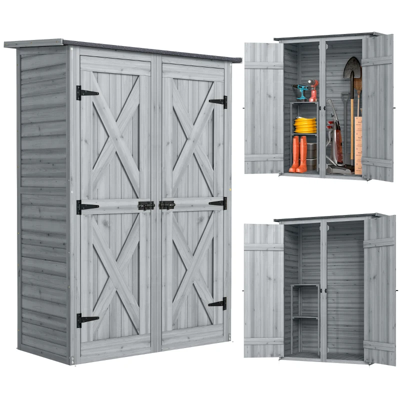 Outsunny Caseta de Jardín de Madera 115x53x156 cm Armario para Herramientas con Puertas Dobles y Estantes Techo Inclinado Gris