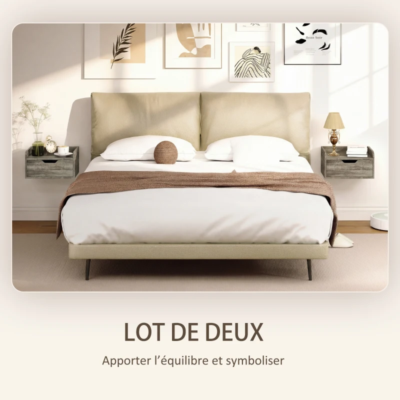 HOMCOM Lot de 2 tables de chevet murales, tables de nuit avec tiroir et plateau à rebords surélevés, 40x30x19,5cm, gris