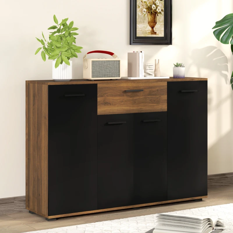 HOMCOM Buffet salon meuble de rangement avec 4 placards, tiroirs et étagères réglables, dim. 120 x 35 x 85 cm, marron et noir