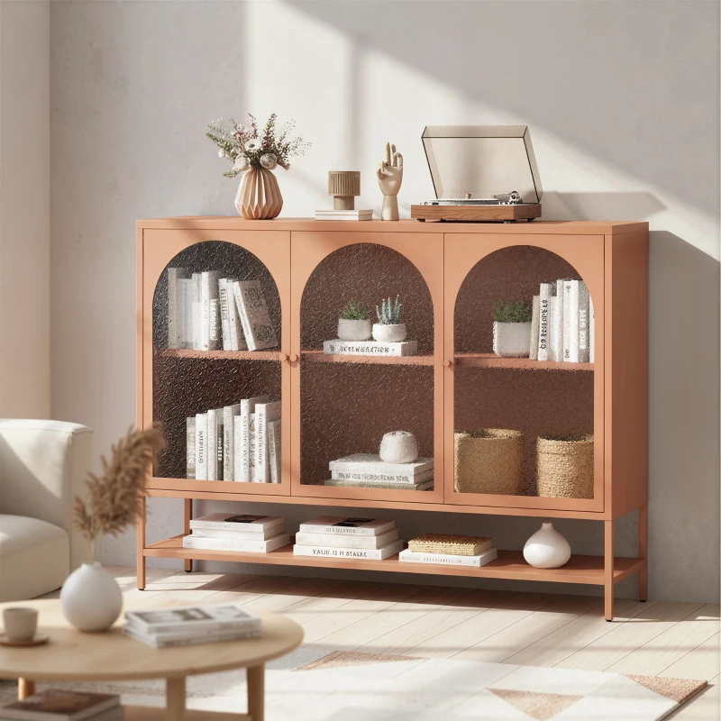 HOMCOM Buffet salon, meuble de rangement avec 3 portes vitrées cintrées et étagère ouverte, 140 x 40 x 105 cm, rouille