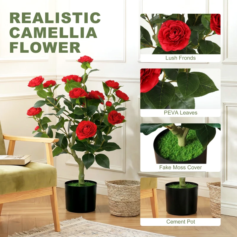HOMCOM 65cm Artificial Camellia Flower Plant in Pot with 116 Lush Leaves & Moss Effect, Red