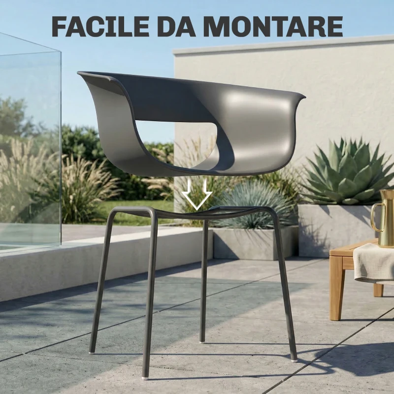 Outsunny Set 4 Sedie da Esterno Moderne con Schienale Traforato, in Metallo e Poliestere, 61x51x74 cm, Grigio Scuro