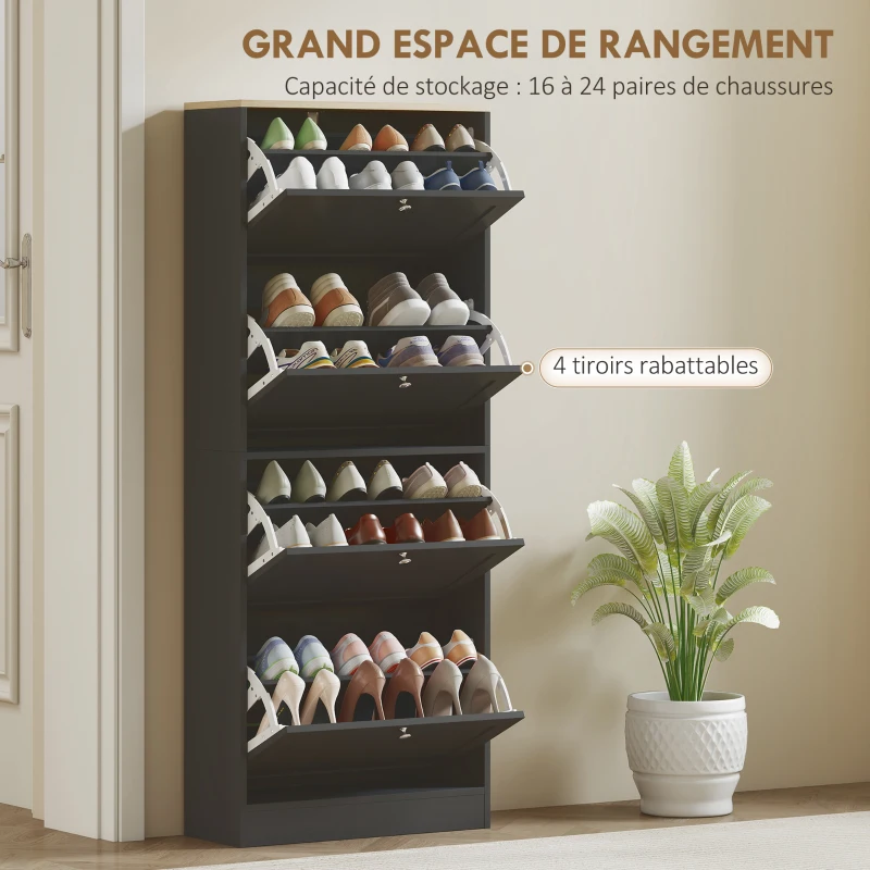 HOMCOM Meuble à chaussures 24 paires, armoire à chaussures avec 4 tiroirs rabattables, étagères réglables, 60x23,5x151cm, noir