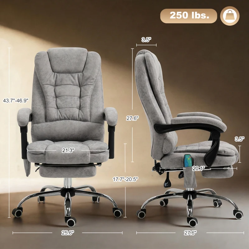 Vinsetto Heated 6 Points Vibration Massage Executive Office Chair, Adjustable Swivel Ergonomic High Back Desk Chair Recliner with Footrest, Grey