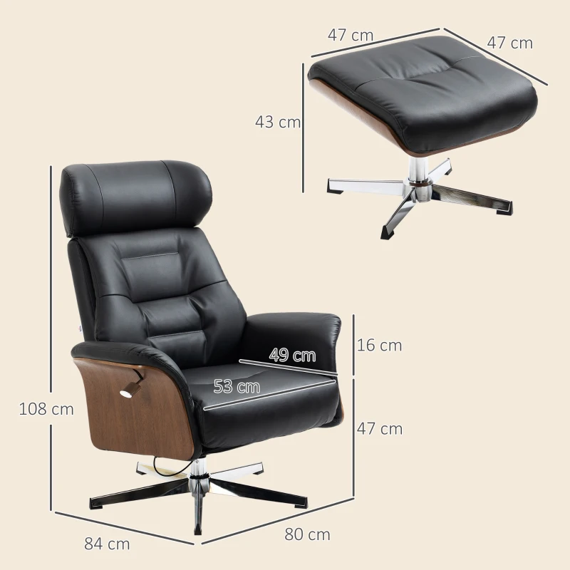 HOMCOM Relaxsessel mit Fußhocker, um 360° drehbar, Liegefunktion, Lesesessel, schwarz, 80 x 84 x 108 cm