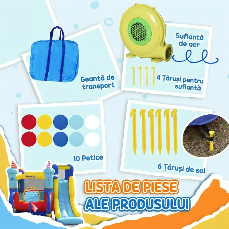 Outsunny Castel Gonflabil 4 in 1 pentru Copii de la 3 la 8 ani cu Tobogan, Trambulina, Piscina si Pompa inclusa, 265x260x200cm
