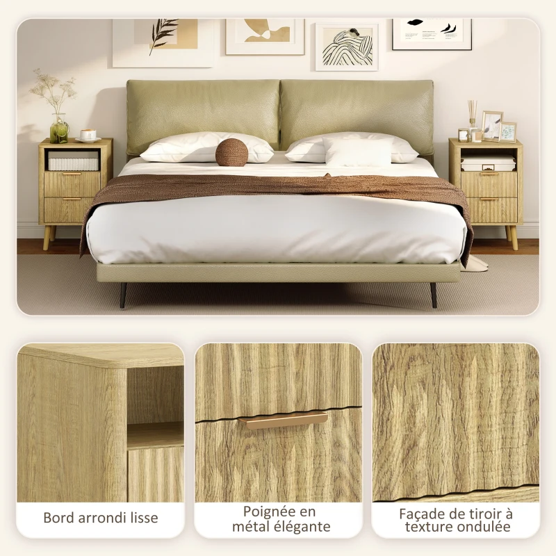 HOMCOM Lot de 2 tables de chevet, tables de nuit avec 2 tiroirs et compartiment ouvert, coins arrondis, 40 x 40 x 61 cm, chêne