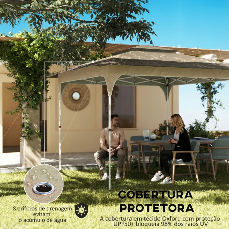 Outsunny Tenda Dobrável 3,5x3,5 m Pop-up com Altura Ajustável 3 Níveis Duplo Telhado Fecho Central e Saco UPF50+ Caqui