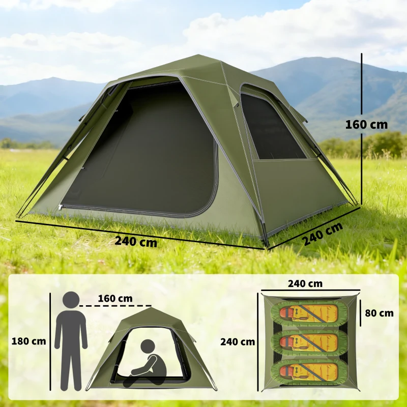 Outsunny Pop Up Tent 3000mm Waterproof Camping Tents with Mesh Windows 2-3 People Green