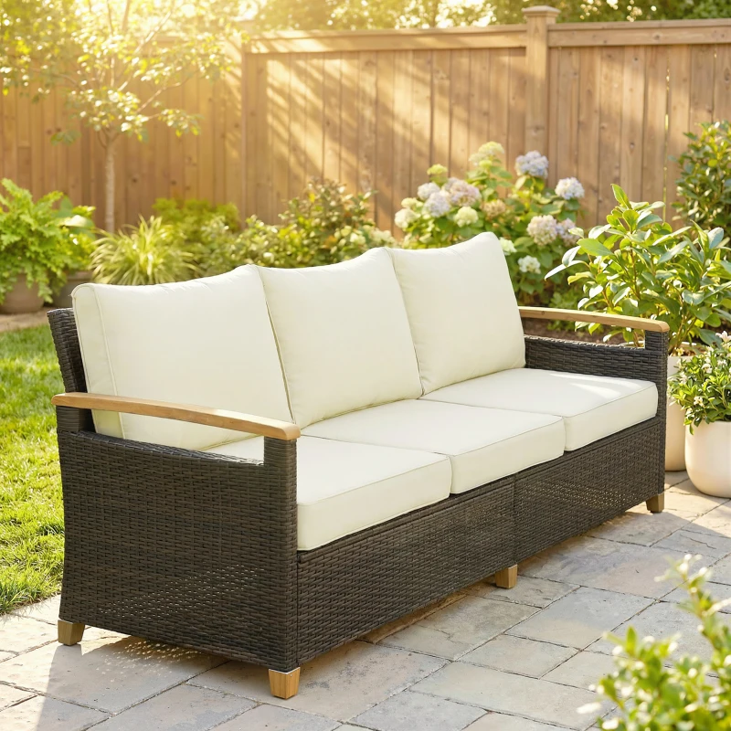 Outsunny 3 Seater Rattan Garden Sofa, PE Wicker Outdoor Sofa Wide Deep Seat, 4" Cushions, Wood-Effect Armrests Legs, Brown