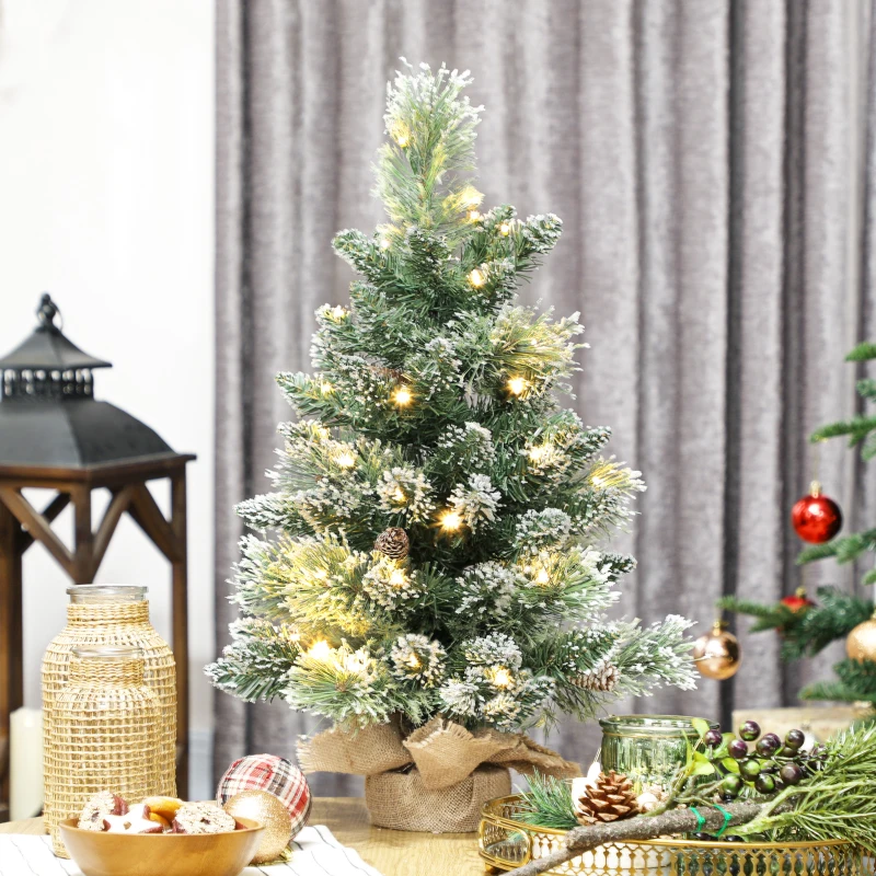 HOMCOM Sapin de Noël artificiel 60 cm, mini arbre de Noël de table floqué avec 35 LED, pommes de pin, fonctionne à piles, vert