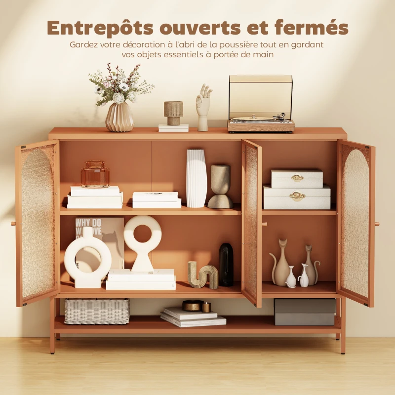 HOMCOM Buffet salon, meuble de rangement avec 3 portes vitrées cintrées et étagère ouverte, 140 x 40 x 105 cm, rouille
