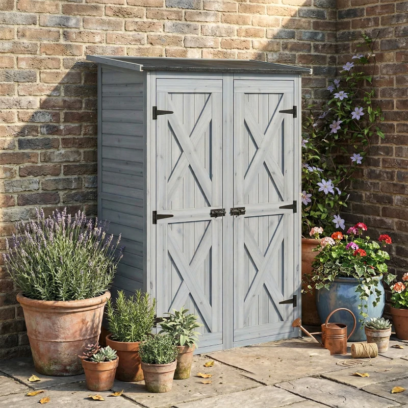 Outsunny Caseta de Jardín de Madera 115x53x156 cm Armario para Herramientas con Puertas Dobles y Estantes Techo Inclinado Gris