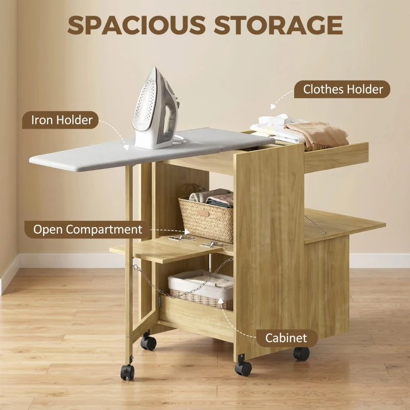 HOMCOM Dulap Masă de Călcat Rabatabilă cu Roți și Suport pentru Fier de Călcat, Dulap Multifuncțional cu Rafturi, Compartiment Deschis, pentru Spălătorie, Baie, 154x55x87 cm, Lemn Natural