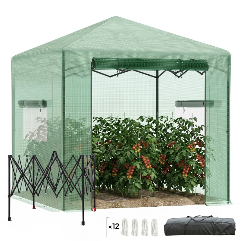Outsunny Pop-up Small Greenhouse, Outdoor Walk-in Tomato Greenhouse with Carrying Bag, PE Cover, Steel Frame, Green, 2.4L x 1.8W x 2.4H m