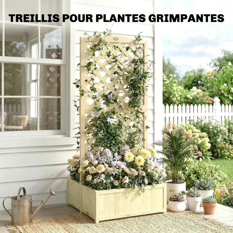 Outsunny Jardinière avec Treillis Carré Potager Bois Pliable Double Bac à Fleurs pour Plantes Grimpantes 73 x 70 x 170 cm Naturel
