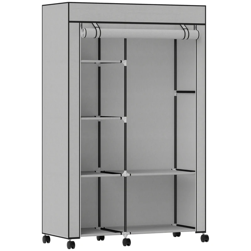 HOMCOM Armoire penderie en tissu meuble de rangement 6 roulettes tringle à vêtements et étagères ouvertes 103x43x162,5cm gris