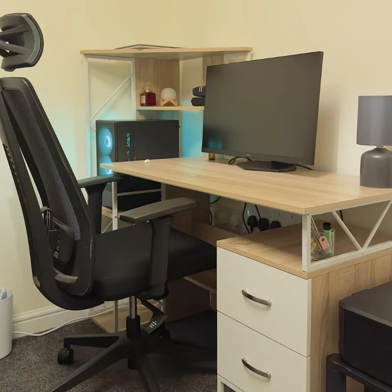 HOMCOM Computer Desk with Drawers and Bookshelf, Writing Desk for Home Office with Storage Shelves, Study Workstation, Oak