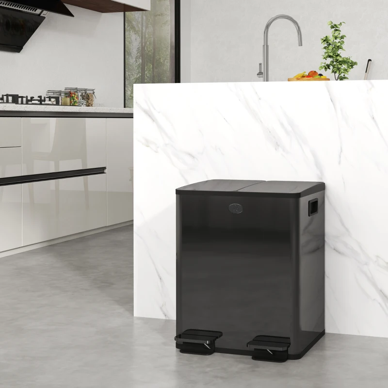 HOMCOM 2 x 20 L Doppelmülleimer, Pedalöffnung, leicht zu reinigen, Edelstahl, Kunststoff, Schwarz