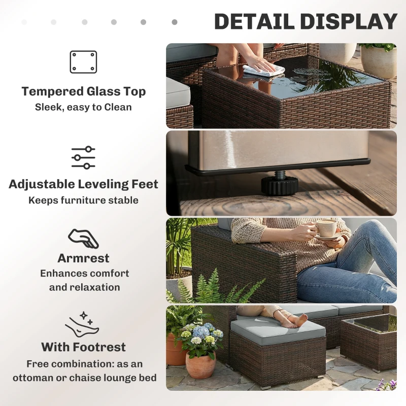 Outsunny 3 Pieces Garden Furniture Set w/ Cushions, PE Rattan Wicker Conversation Corner Sofa Set, Light Grey