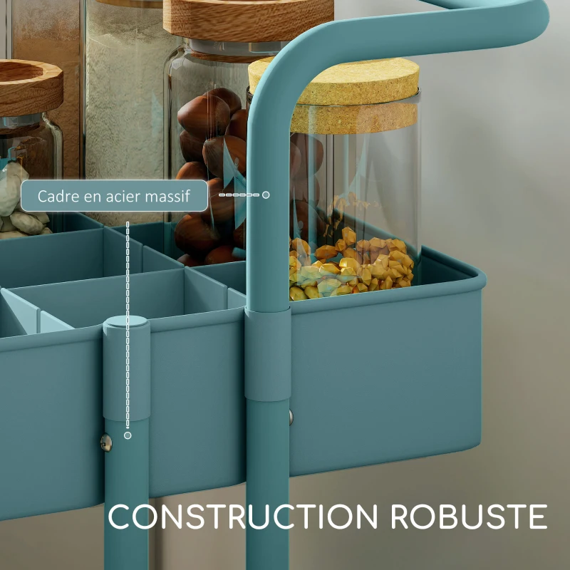 HOMCOM Chariot à 3 niveaux desserte avec 4 crochets et 3 boîtes suspendues amovibles pour 42 x 38 x 86,5 cm bleu-vert