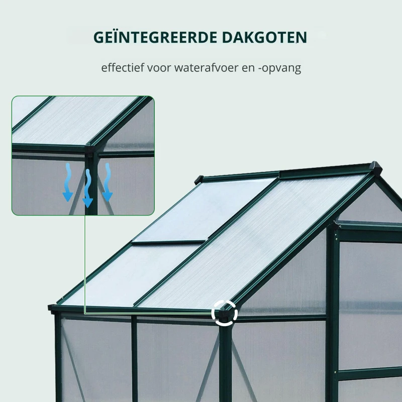 Outsunny kas aluminium kas met dakraam deur 190 x 132 x 201 cm plantenhuis met fundering inloop tomatenhuis weerbestendig polycarbonaat groen + transparant