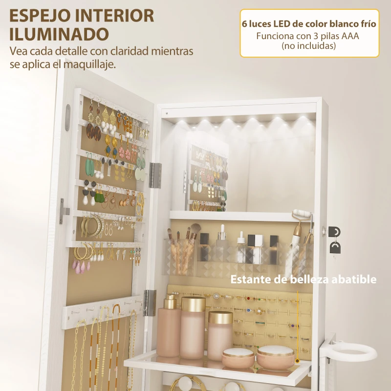 HOMCOM Espejo Joyero con Luces LED Armario Joyero con Espejo Entero Giratorio de 360° Cajón Cerradura Blanco
