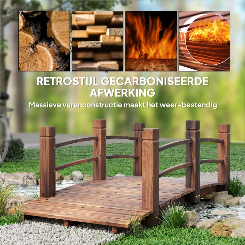 Outsuny tuinbrug houten brug houten voetbrug vijverbrug sierbrug met leuning tot 180 kg