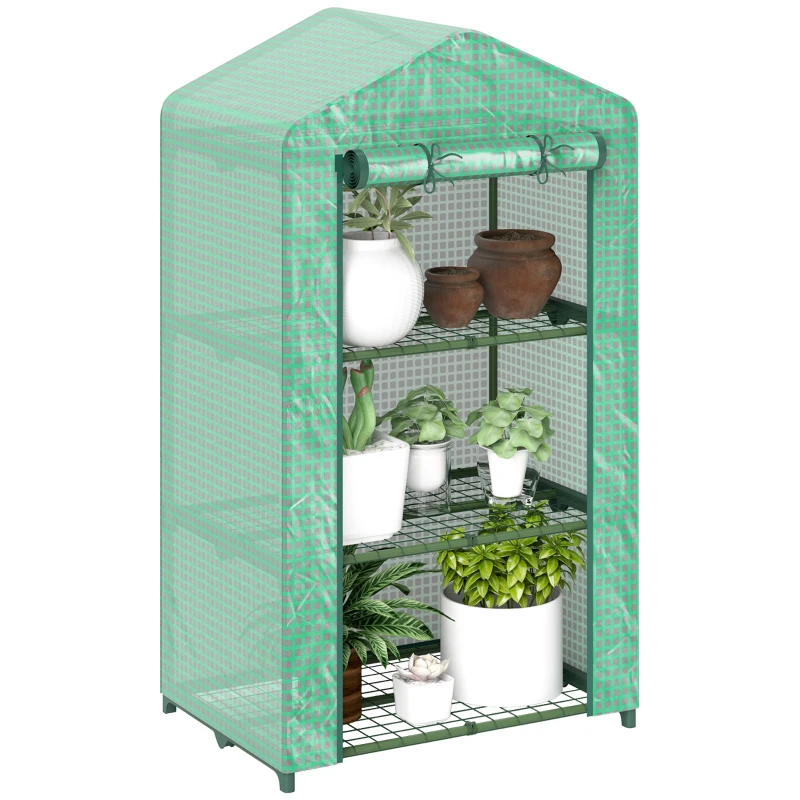 Outsunny 3 Tier Mini Greenhouse Portable Garden Grow House with Roll Up Door and Wire Shelves, 69 x 49 x 125 cm, Green