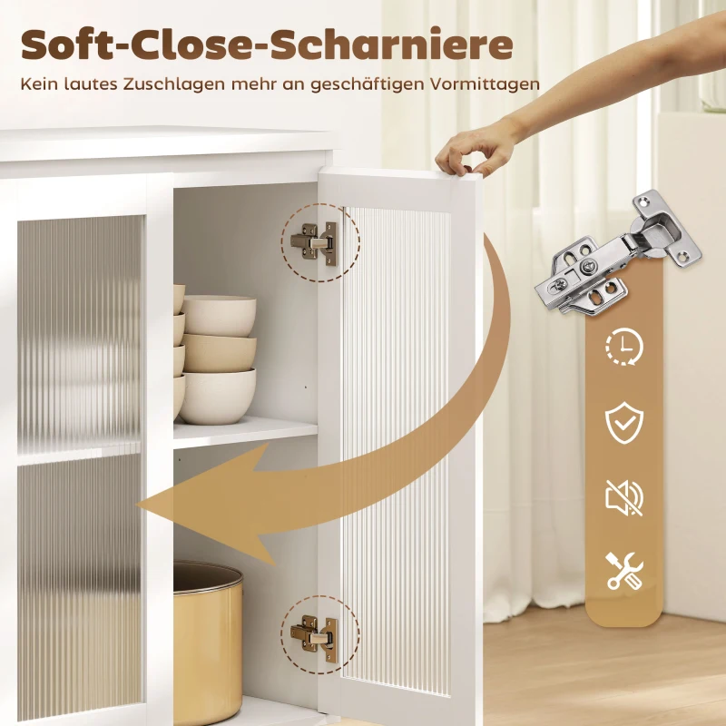 HOMCOM Buffetschrank, Sideboard mit 4 Schubladen, 2 Glastüren, modernes Design, MDF, Weiß