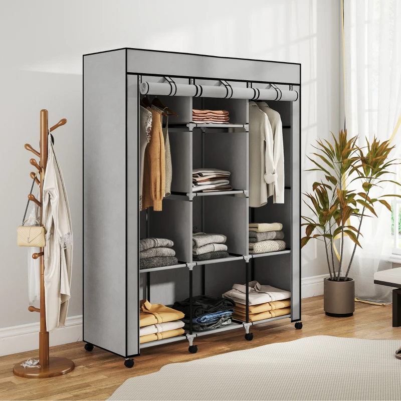 HOMCOM Armoire penderie multi-rangement - 8 étagères, 2 barres - non tissé gris