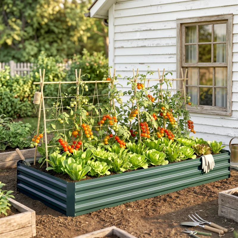 Outsunny Letto per Orto Rialzato in Metallo da Esterno, Portapiante per Fiori ed Erbe, 241x90,5x30cm