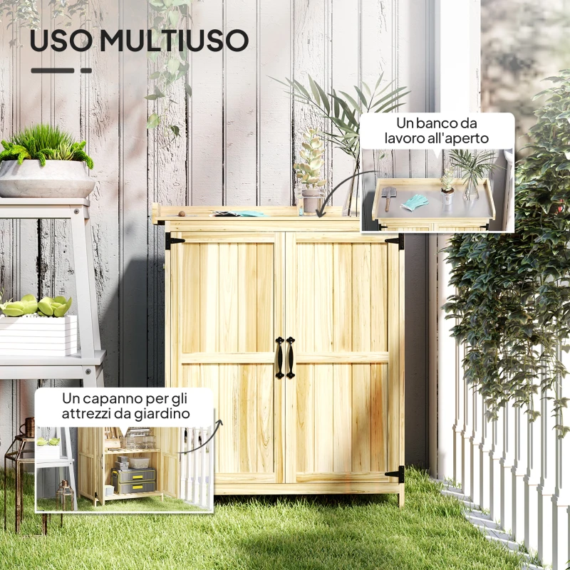 Outsunny Armadietto da Esterno, Capanno Porta Attrezzi con Mensola, in Legno con 2 Ante per Giardino, Patio, Color Legno