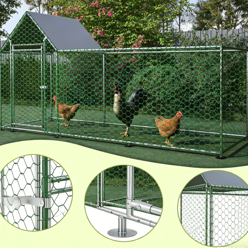 Freilaufgehege Hühnerstall mit Sicherheitsschloss und Wasserdichtes PE-Tuch, für Hühner, Kaninchen und weitere Kleintiere, 303x107x152 cm, Silber