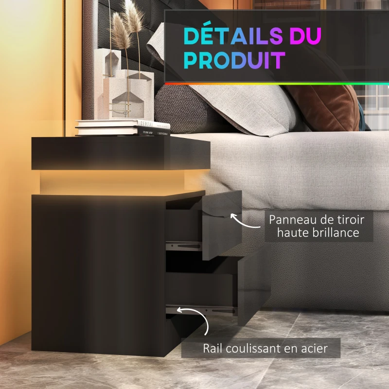 HOMCOM Table de chevet table de nuit lumière LED RVB panneau haute brillance avec 2 tiroirs pour salon chambre à coucher noir