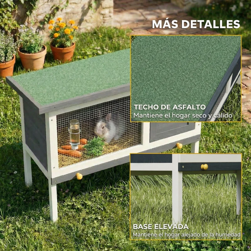 PawHut Conejera de Madera, Jaula para Conejos Medianos con Techo Asfáltico Abatible Bandeja Extraíble Puerta con Pestillo Gris