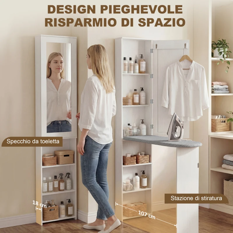 HOMCOM Mobile Asse da Stiro Pieghevole a 6 Ripiani con Specchio e 2 Ganci, in Legno e Poliestere, 107x35x174 cm, Bianco