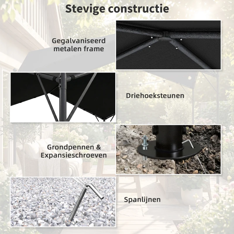 Outsunny Pergola paviljoen 3x3m waterafstotend stabiel winterbestendig zonbescherming met zadeldak driehoekige verstevigingen